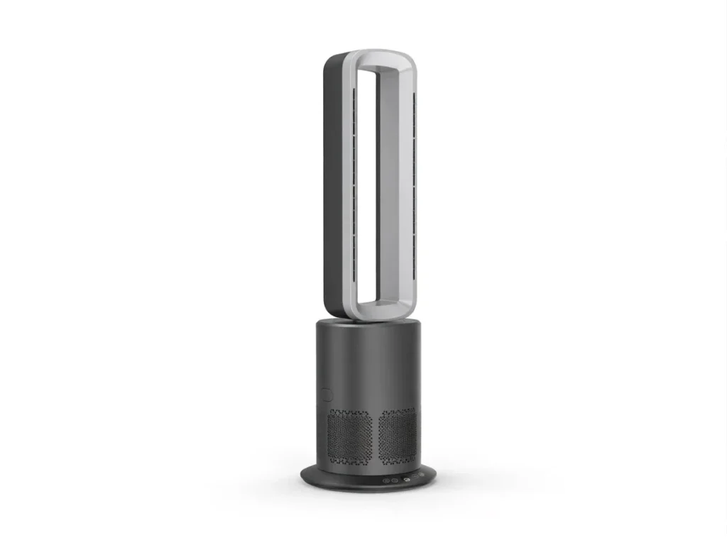 Sleek bladeless tower fan with a cylindrical base and vertical design, ideal for efficient air circulation.