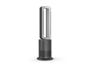 Sleek bladeless tower fan with a cylindrical base and vertical design, ideal for efficient air circulation.