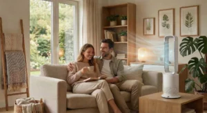 Couple sitting on a sofa in a cozy living room, with a bladeless fan operating on a table nearby.