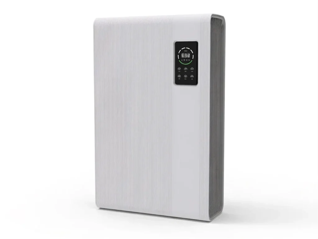 Sleek white air purifier with a digital display and control panel, designed for efficient air cleaning.