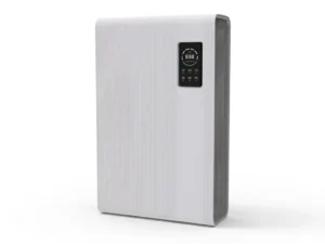 Sleek white air purifier with a digital display and control panel, designed for efficient air cleaning.