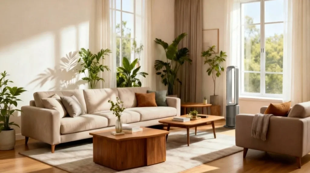 Stylish living room with beige sofas, wooden tables, indoor plants, and a sleek air purifier by a large sunny window.