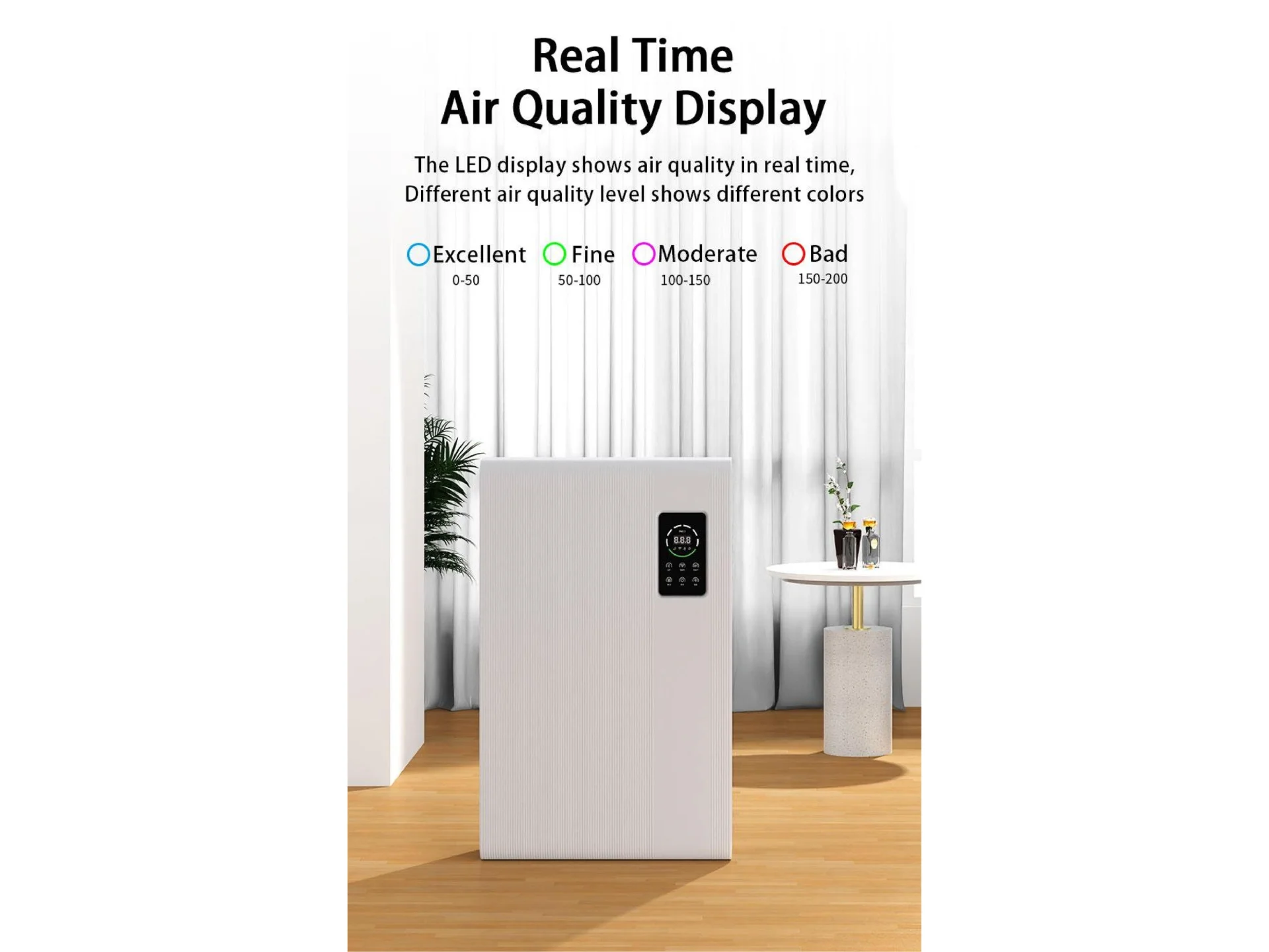 Modern air purifier with LED display showing real-time air quality levels through colors, placed in a room with curtains and plants.