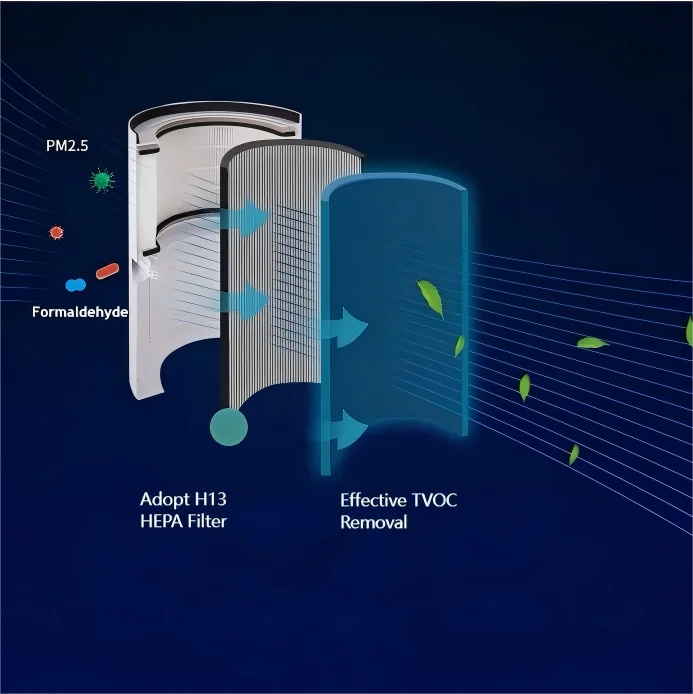Diagram showing HEPA filter capturing PM2.5 and formaldehyde with effective TVOC removal. Arrows indicate airflow.