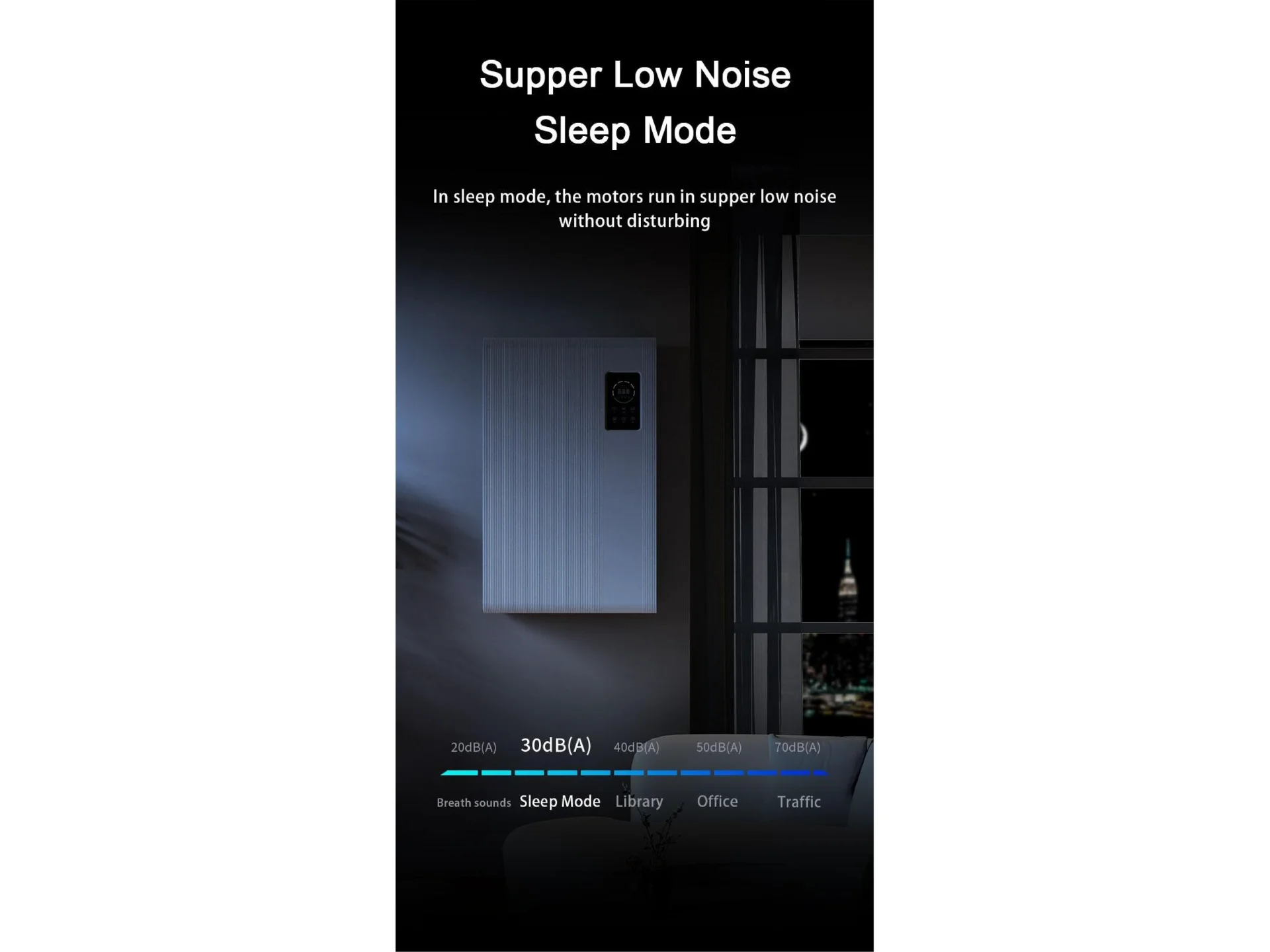 Air purifier mounted on a wall operating in super low noise sleep mode, with noise levels indicated as 30 dB(A), suitable for sleeping.