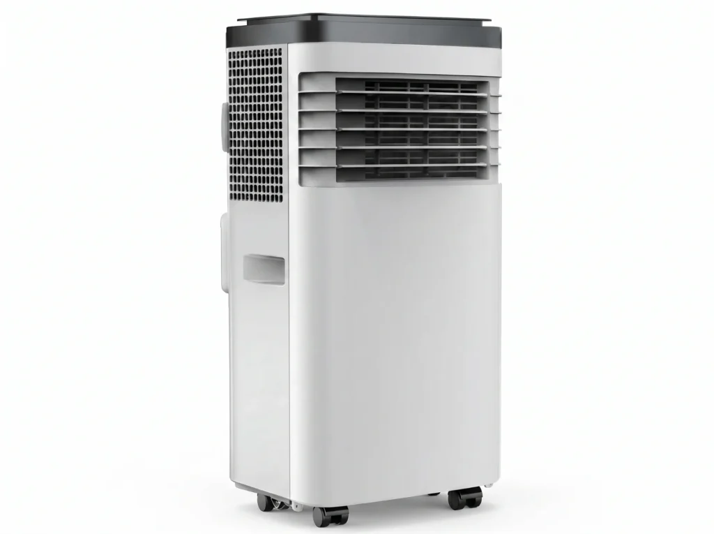 A modern portable air conditioner featuring a sleek white design with a vented grille and wheels for easy mobility.