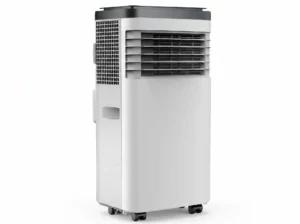 A modern portable air conditioner featuring a sleek white design with a vented grille and wheels for easy mobility.
