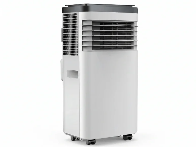 A modern portable air conditioner featuring a sleek white design with a vented grille and wheels for easy mobility.