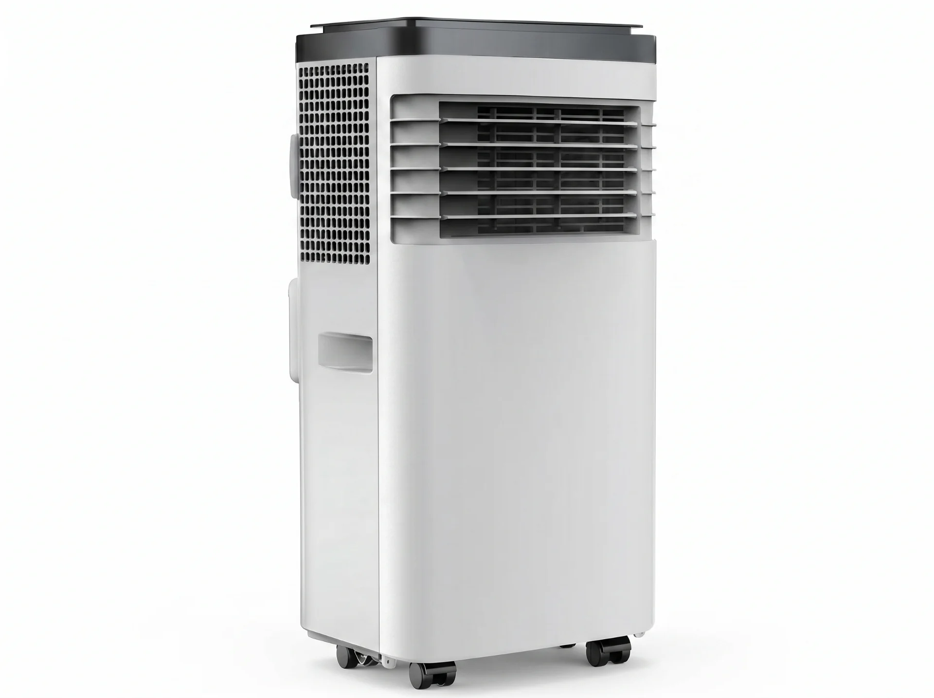A modern portable air conditioner featuring a sleek white design with a vented grille and wheels for easy mobility.