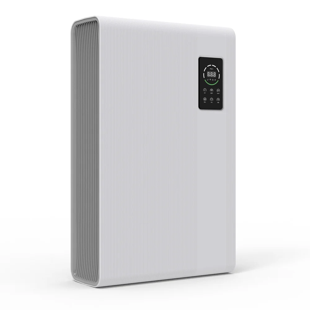 White air purifier with a sleek design featuring digital controls and a clear display screen, suitable for home or office use.