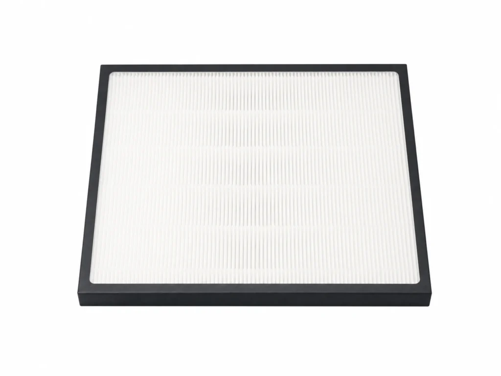 Rectangular HEPA air filter featuring white pleated surface and black frame, designed for air purification systems.