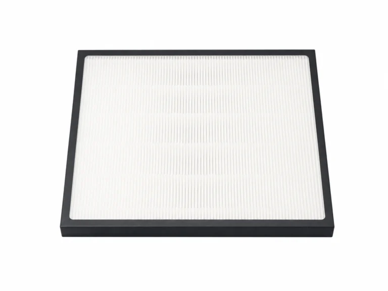 Rectangular HEPA air filter featuring white pleated surface and black frame, designed for air purification systems.
