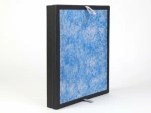 Close-up of a blue air purifier filter panel encased in a black frame with white pull tabs, used for air cleaning systems.
